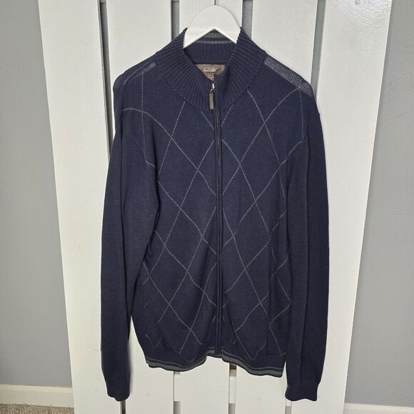 Tasso Elba Blue Gray Argyle Zip Up Soft Cardigan Sweater Medium Preppy Work - Picture 1 of 7